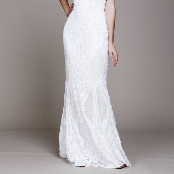 NEW LONG SHEATH SLEEVELESS OFF THE SHOULDER EMBROIDERED SEQUIN DRESS AC 791 - Picture 3 of 6